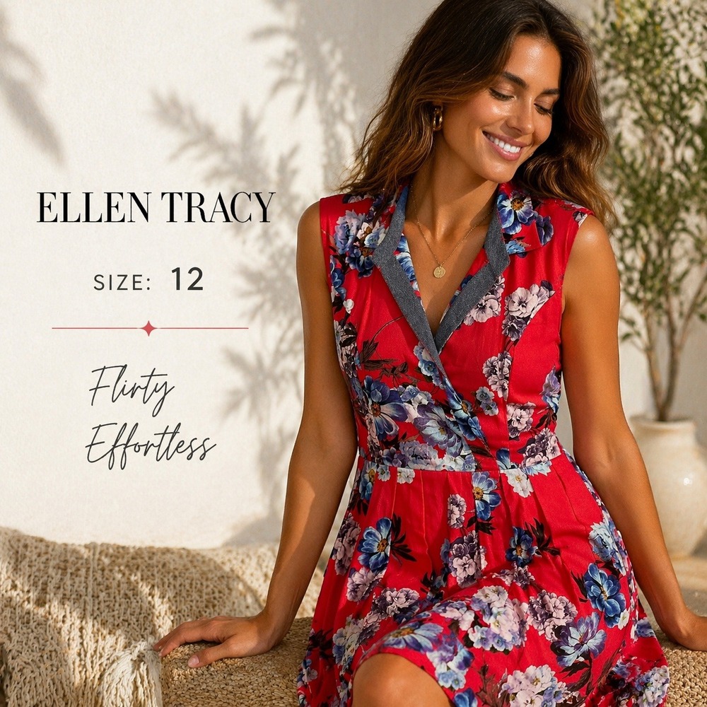 Ellen Tracy Floral Fit & Flare Dress Women 12 Red Blue Sleeveless Pocket Summer